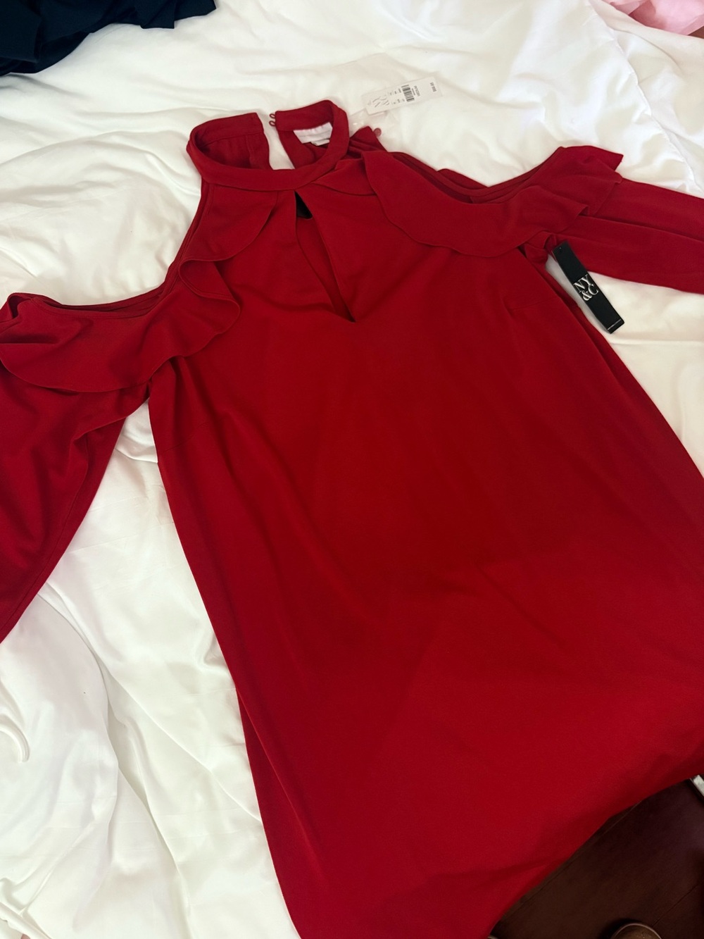 New York & Company Red Cold-Shoulder Ruffle Shift Dress